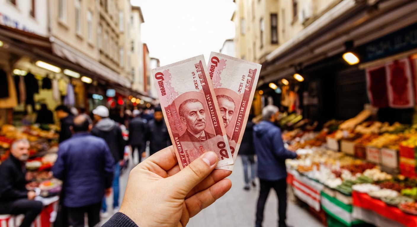 A hand holding a crisp Turkish lira banknote against a backdrop of a bustling marketplace in Istanbul, with vendors and shoppers exchanging goods and money.