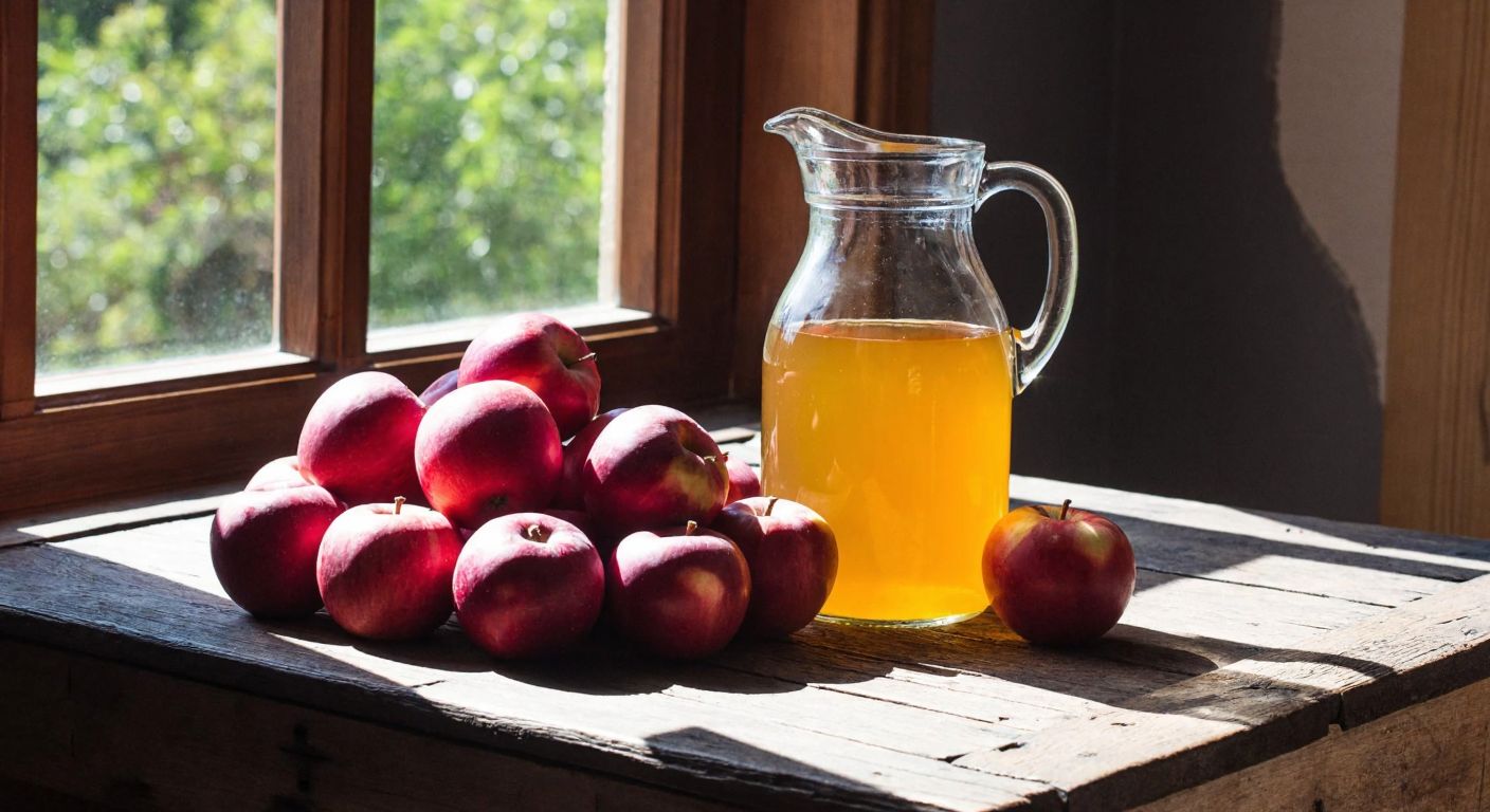 A rustic wooden table in a Turkish kitchen holds a pile of fresh red apples next to a tall glass pitcher filled with golden apple juice, sunlight streaming through a window onto the scene.