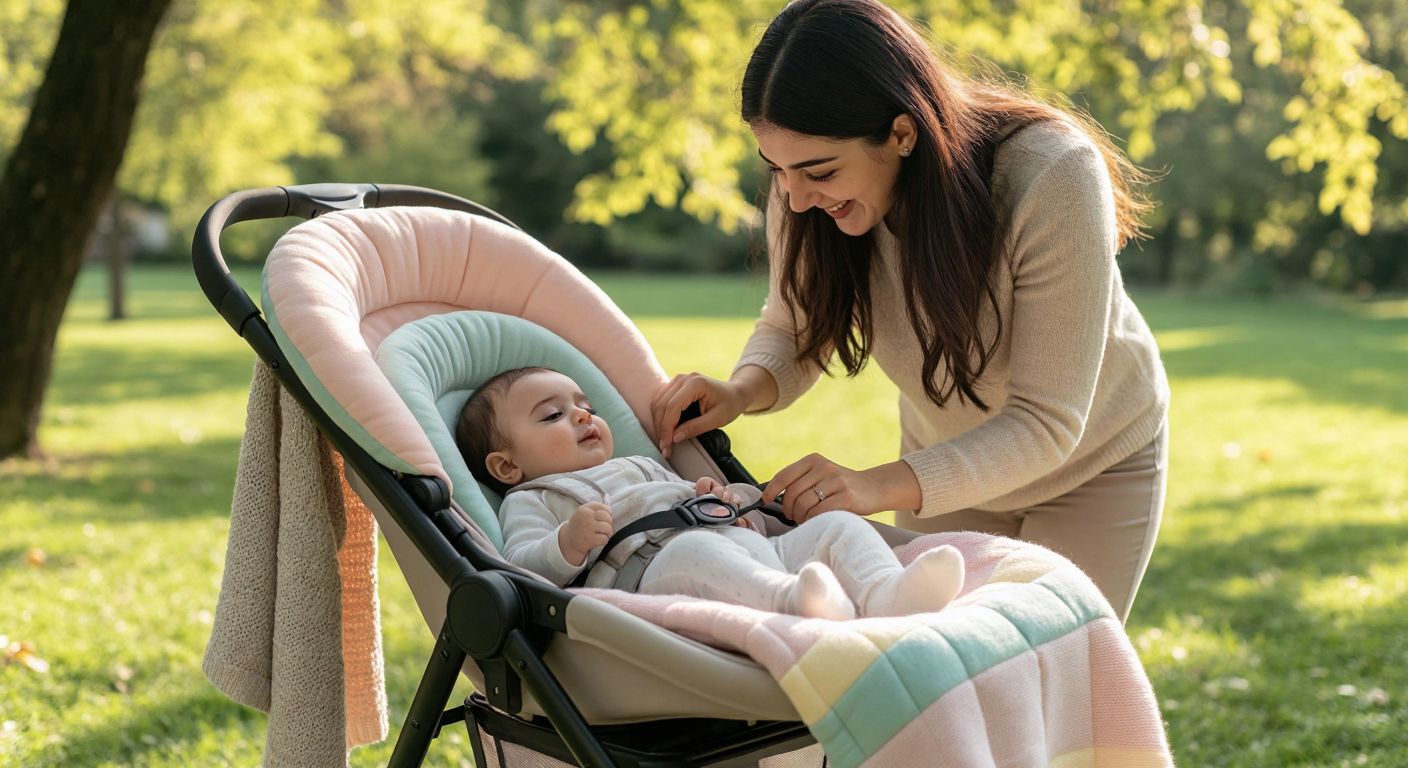 A smiling Turkish mother gently places a plush, pastel-colored orthopedic stroller cushion into a baby stroller while her infant cozily naps on it, surrounded by soft cotton and knitted blankets in a sunlit park.