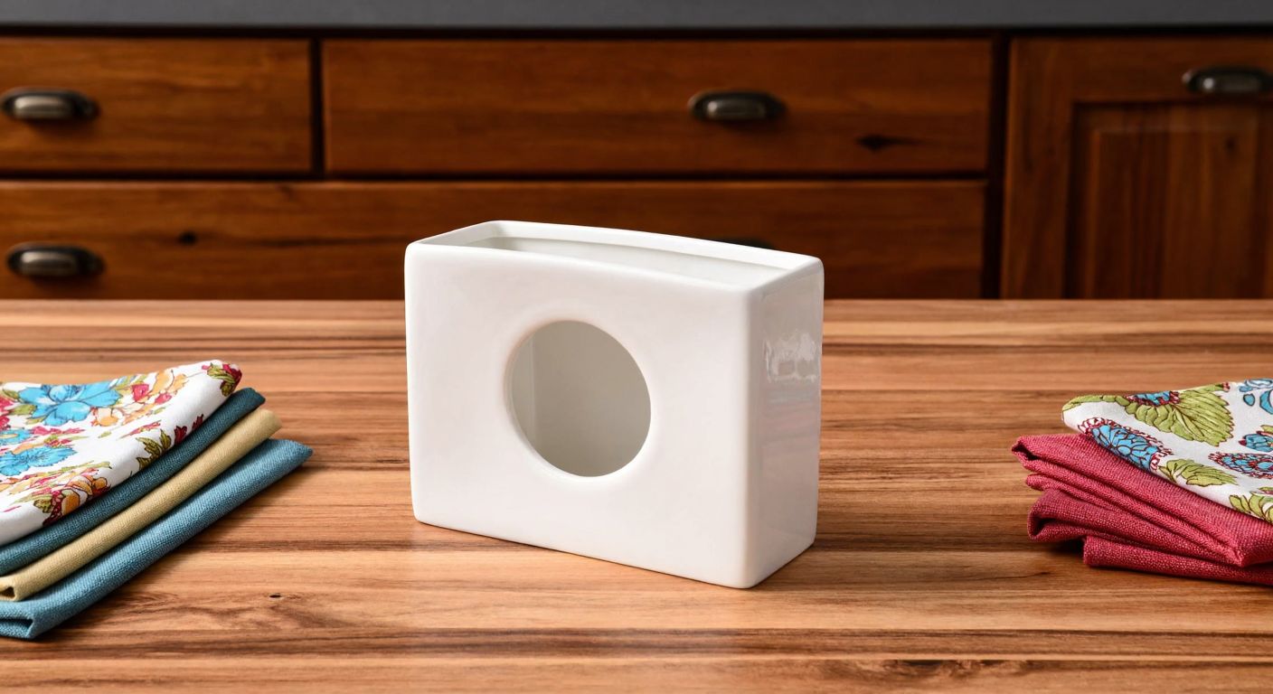 A sleek white porcelain napkin holder with a wide circular opening sits on a rustic wooden kitchen counter, surrounded by neatly folded colorful fabric napkins, evoking warmth and practicality in a Turkish home.
