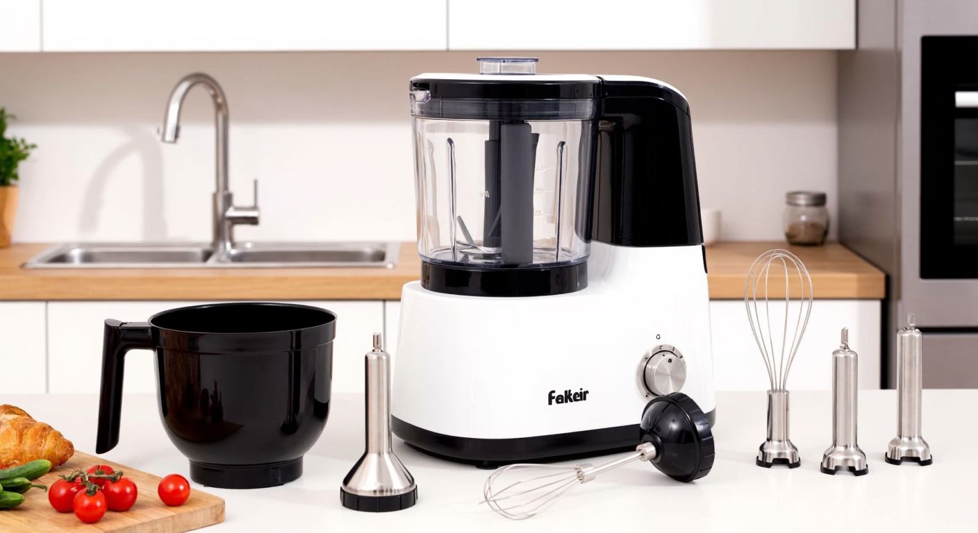 A modern Turkish kitchen countertop with a Fakir brand mixer and its various detachable blending and whisking attachments neatly arranged beside it.