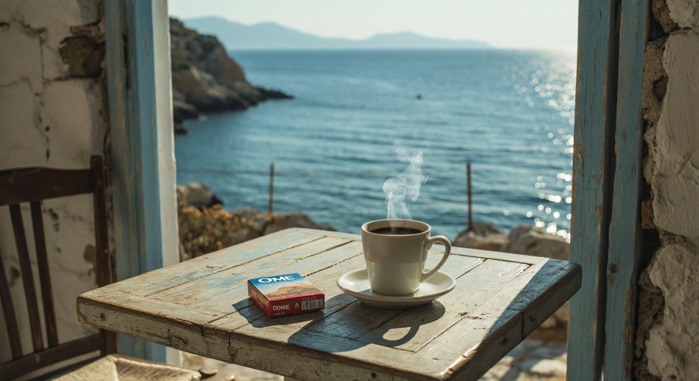 A weathered wooden table in a Greek taverna holds a pack of Ome cigarettes next to a steaming cup of strong coffee, with the Aegean Sea visible through an open window.