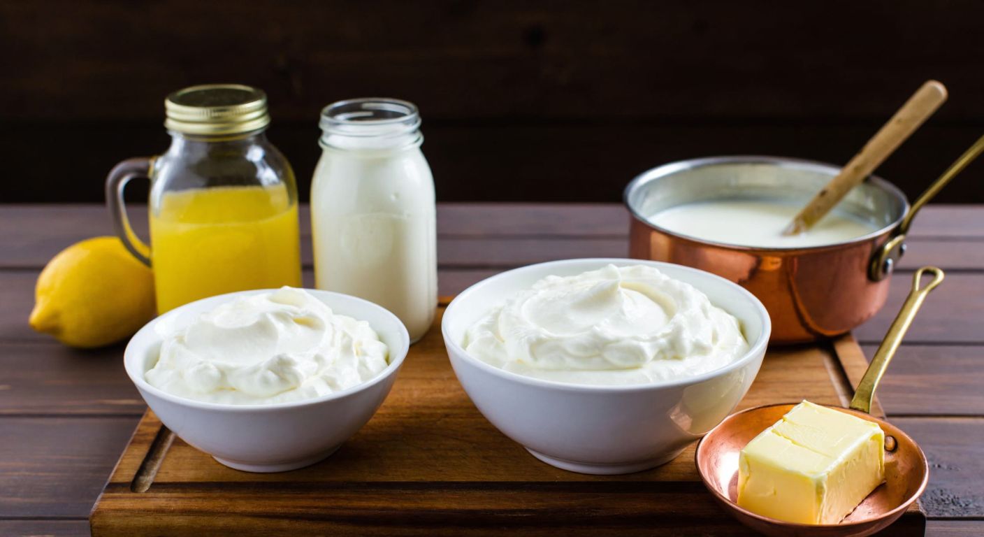 A rustic wooden table in a Turkish kitchen holds a bowl of fresh cream (kaymak), a jar of yogurt, a bottle of lemon juice, and a pot of whey, with golden butter melting in a small copper pan nearby.