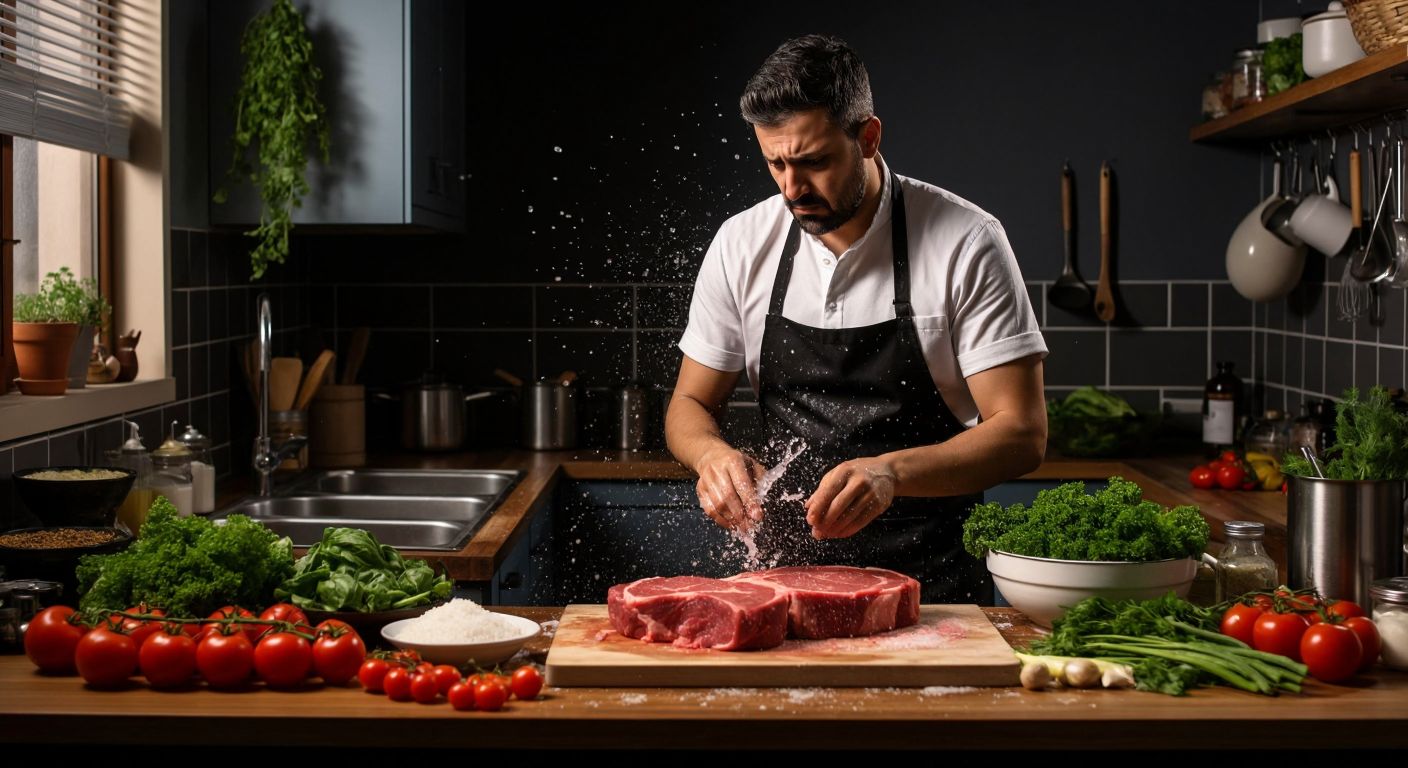 A Turkish kitchen scene with raw meat on a cutting board, water droplets splashing onto nearby vegetables and countertops, while a concerned home cook in an apron watches with furrowed brows.