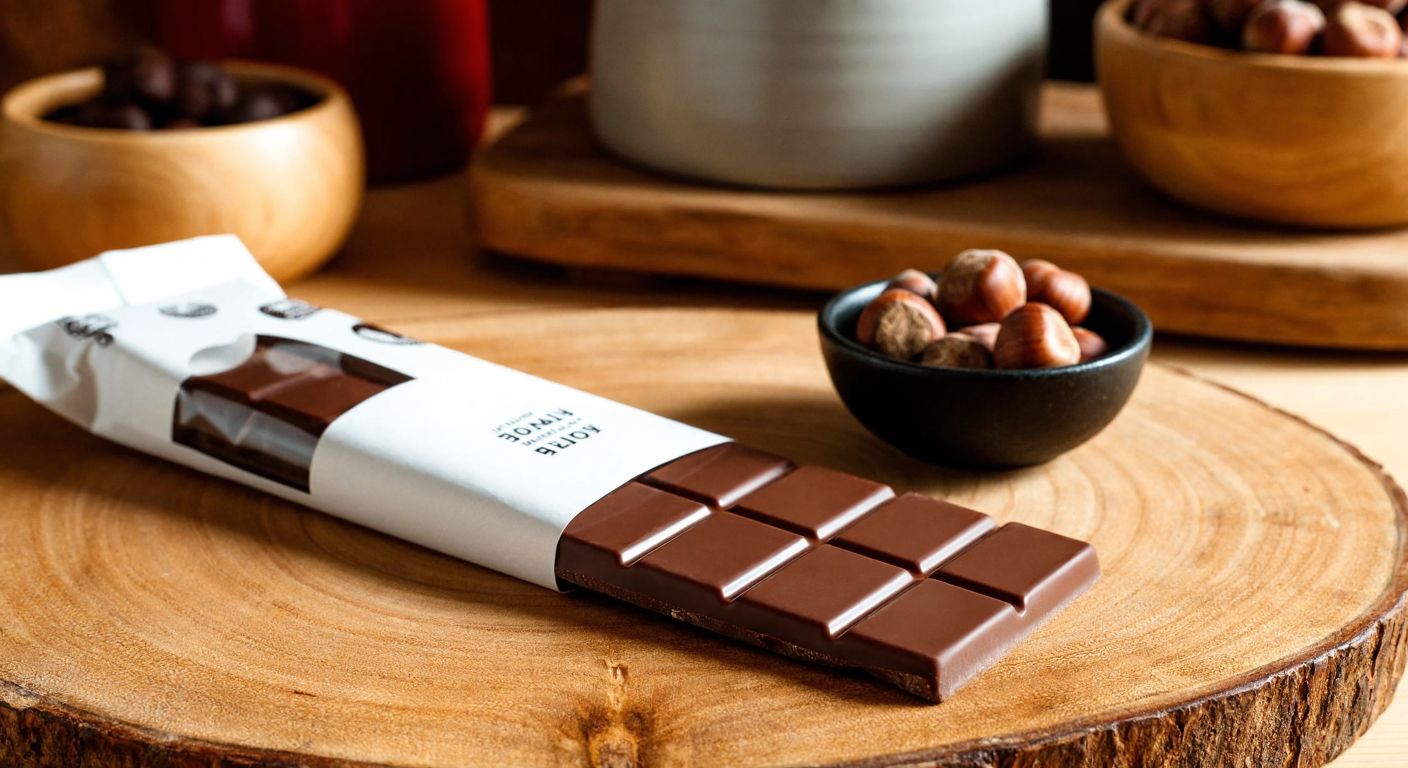 A rustic wooden table in a cozy Turkish kitchen, with a neatly wrapped Jovia chocolate bar resting beside a small bowl of organic hazelnuts, evoking warmth and natural simplicity.