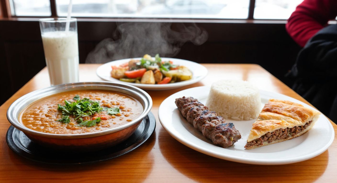 A steaming bowl of lentil soup, a plate of sizzling kebabs with rice, and a slice of baklava on a wooden table in a cozy Turkish restaurant, with a glass of ayran beside them.