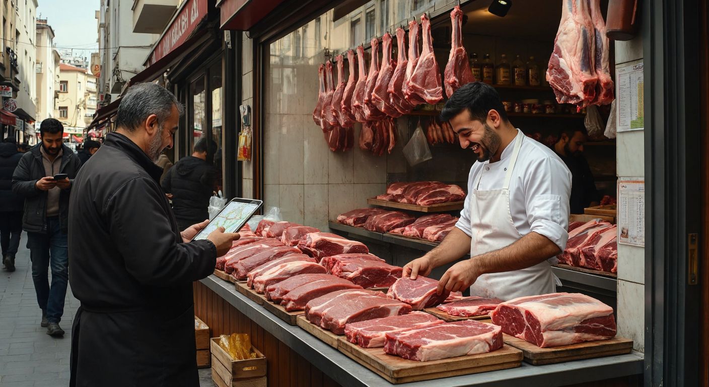 A bustling Turkish street scene with a smiling butcher in a white apron arranging fresh cuts of meat in a shop window, while a curious customer checks a map on their phone nearby.