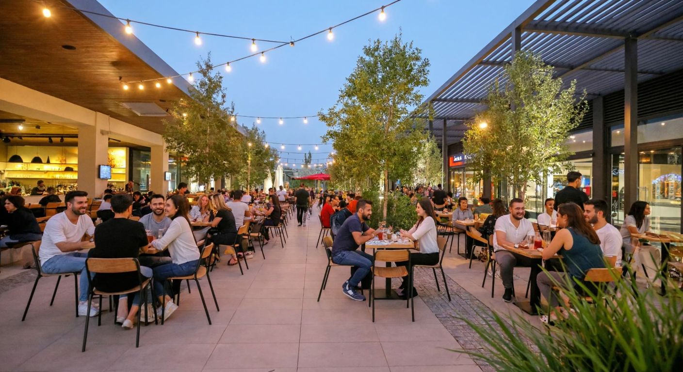 A lively outdoor plaza in Bursa with modern cafes and bars, where smiling people in casual attire enjoy drinks under string lights, surrounded by greenery and contemporary architecture.