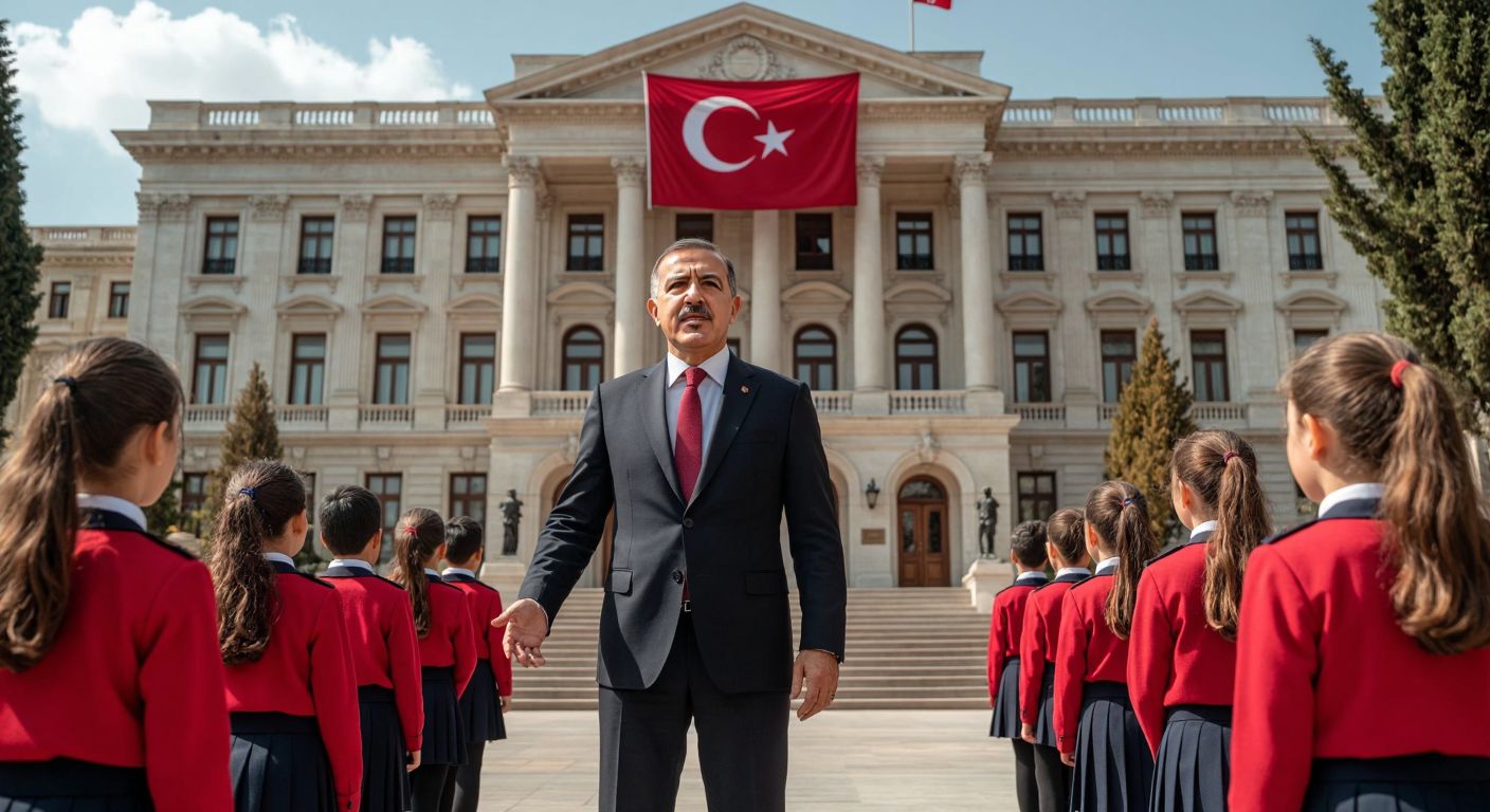 A dignified Turkish government official in a formal suit stands in front of a grand building with the Turkish flag, gesturing toward a modern school with students in uniforms, symbolizing the connection between the Ministry of National Education and private educational institutions.