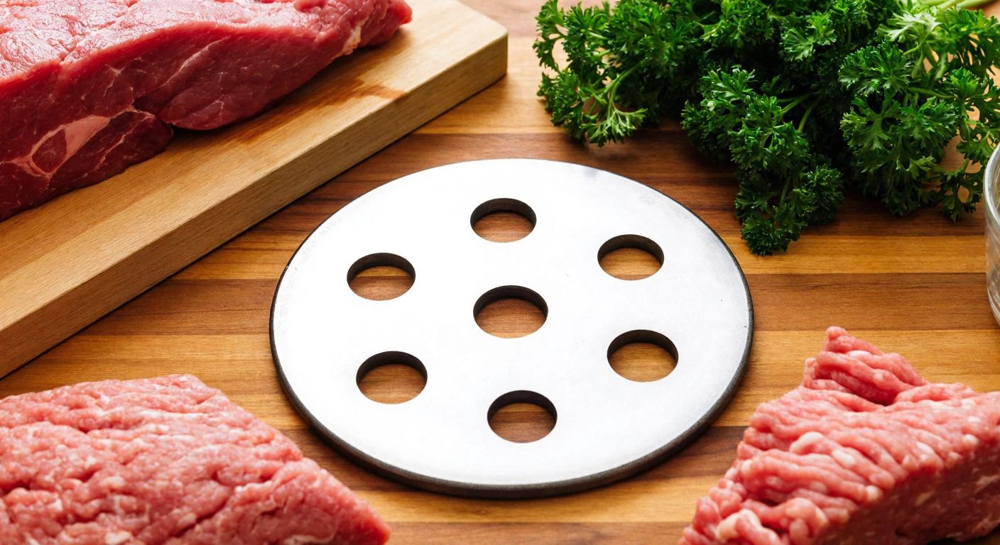 A sturdy stainless steel meat grinder plate with varying hole sizes lies on a wooden butcher's table in a Turkish kitchen, surrounded by fresh ground meat and parsley.