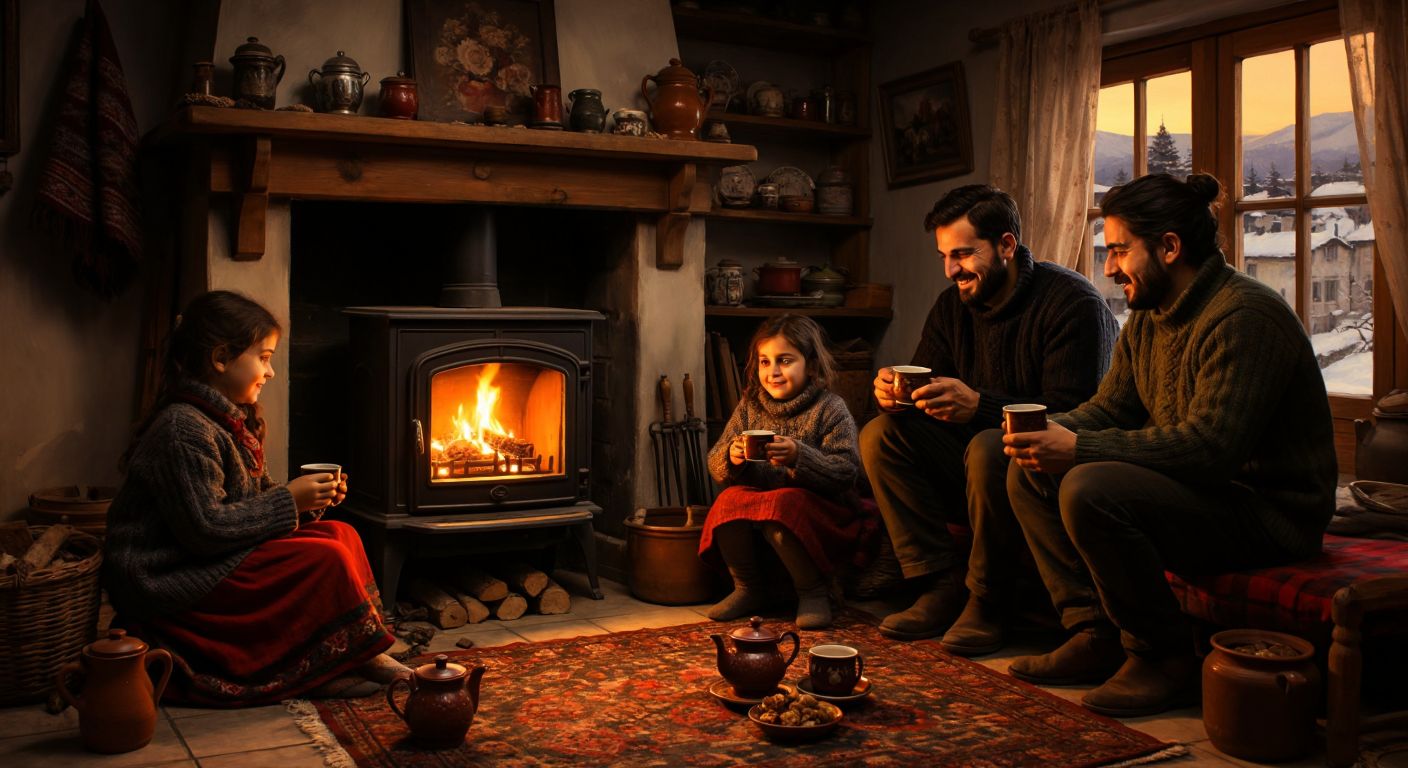 A cozy Turkish home with a glowing cast-iron stove radiating warmth, surrounded by a family in thick sweaters sipping çay, while logs crackle inside the stove.