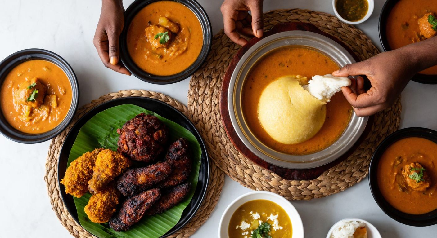 A vibrant West African dining scene with a steaming bowl of fufu surrounded by colorful soups and grilled meats, served on a woven mat as hands joyfully tear and dip the dough.