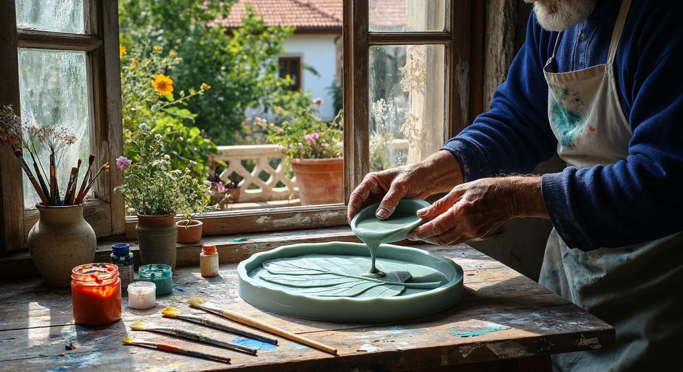 A pair of weathered hands carefully pouring smooth plaster into a leaf-shaped silicone mold on a rustic wooden table, surrounded by scattered tools and vibrant acrylic paints, with a sunlit Turkish garden visible through an open window.