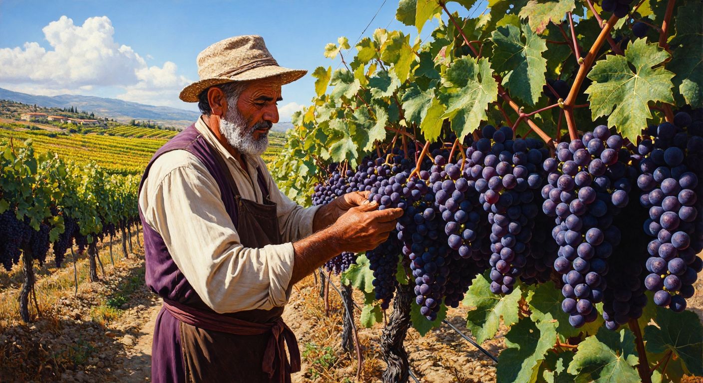 A sunlit Turkish vineyard with clusters of deep purple Cabernet Sauvignon, ruby-red Merlot, and golden Chardonnay grapes hanging from lush vines, while a weathered farmer in traditional attire carefully inspects a ripe Boğazkere grape.