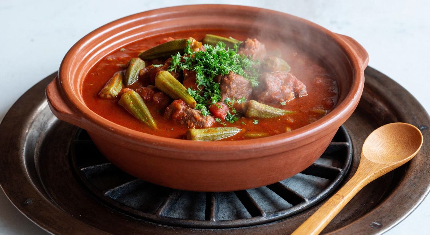 A steaming clay pot filled with tender meat and okra in a rich tomato-based sauce, garnished with fresh parsley, sitting on a traditional Turkish stove with a wooden spoon resting beside it.