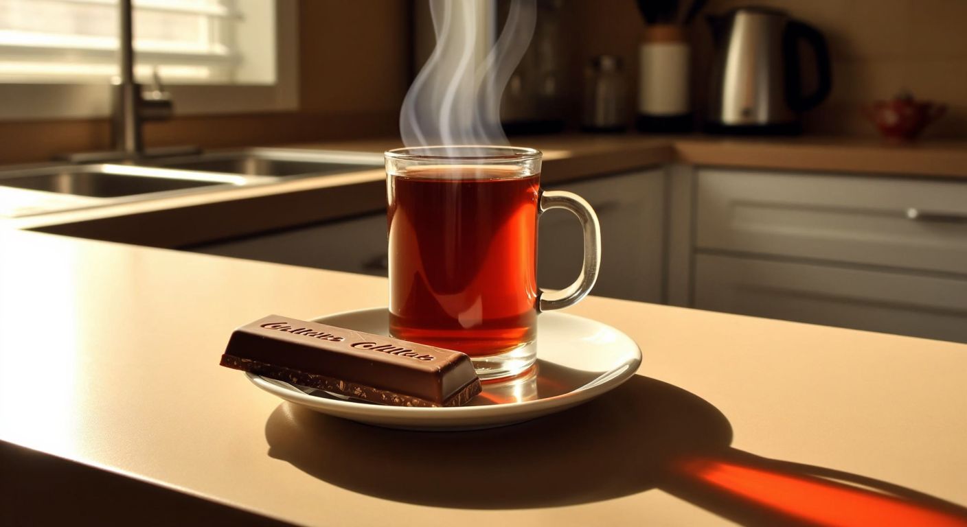 A single Ülker Çokomilk chocolate bar rests on a small plate beside a steaming cup of Turkish tea, with a warm, sunlit kitchen counter in the background.
