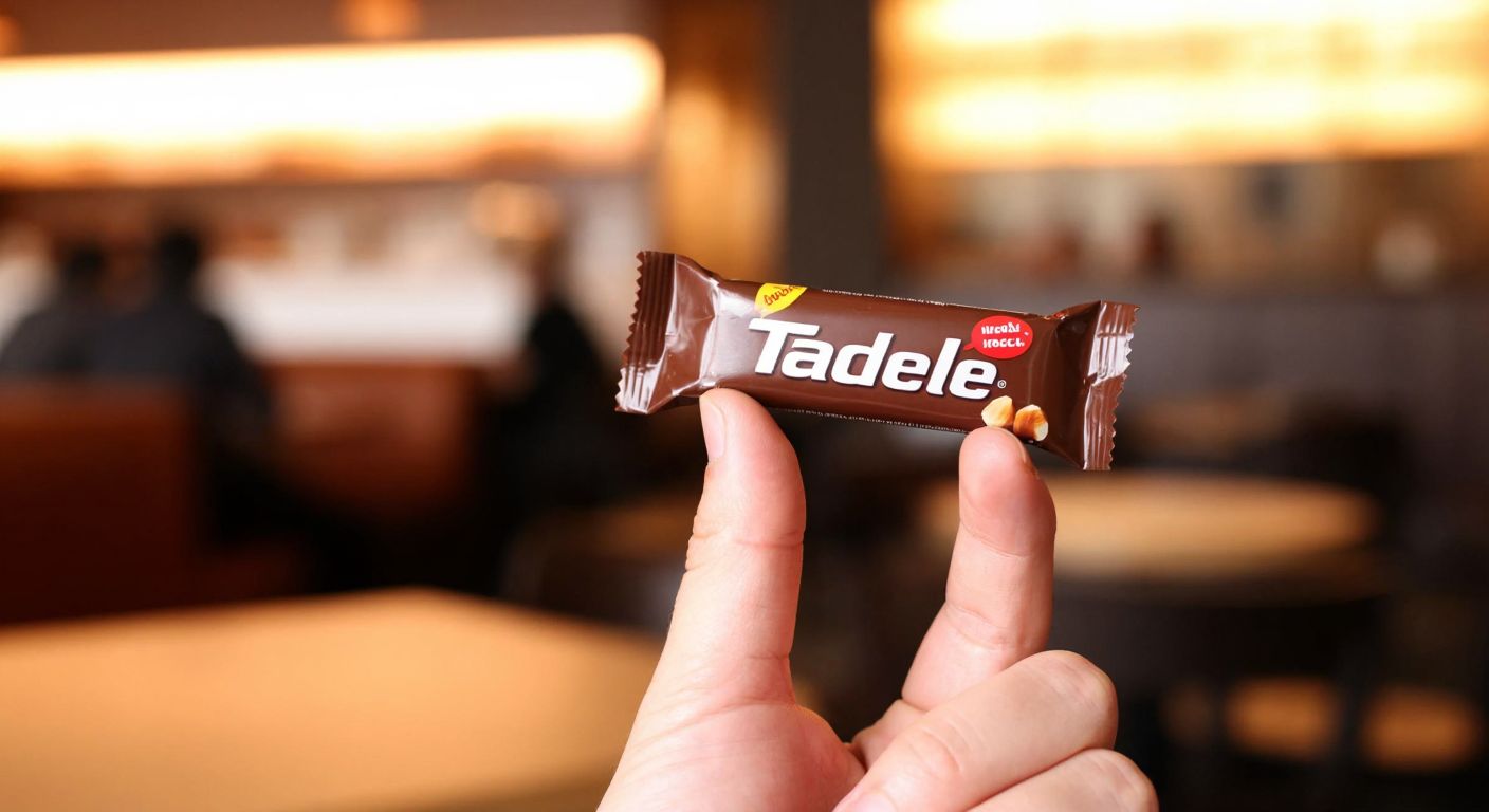 A hand holding a small, unwrapped Tadelle chocolate bar with hazelnuts against a warm, blurred background of a Turkish café table, evoking a cozy and indulgent moment.