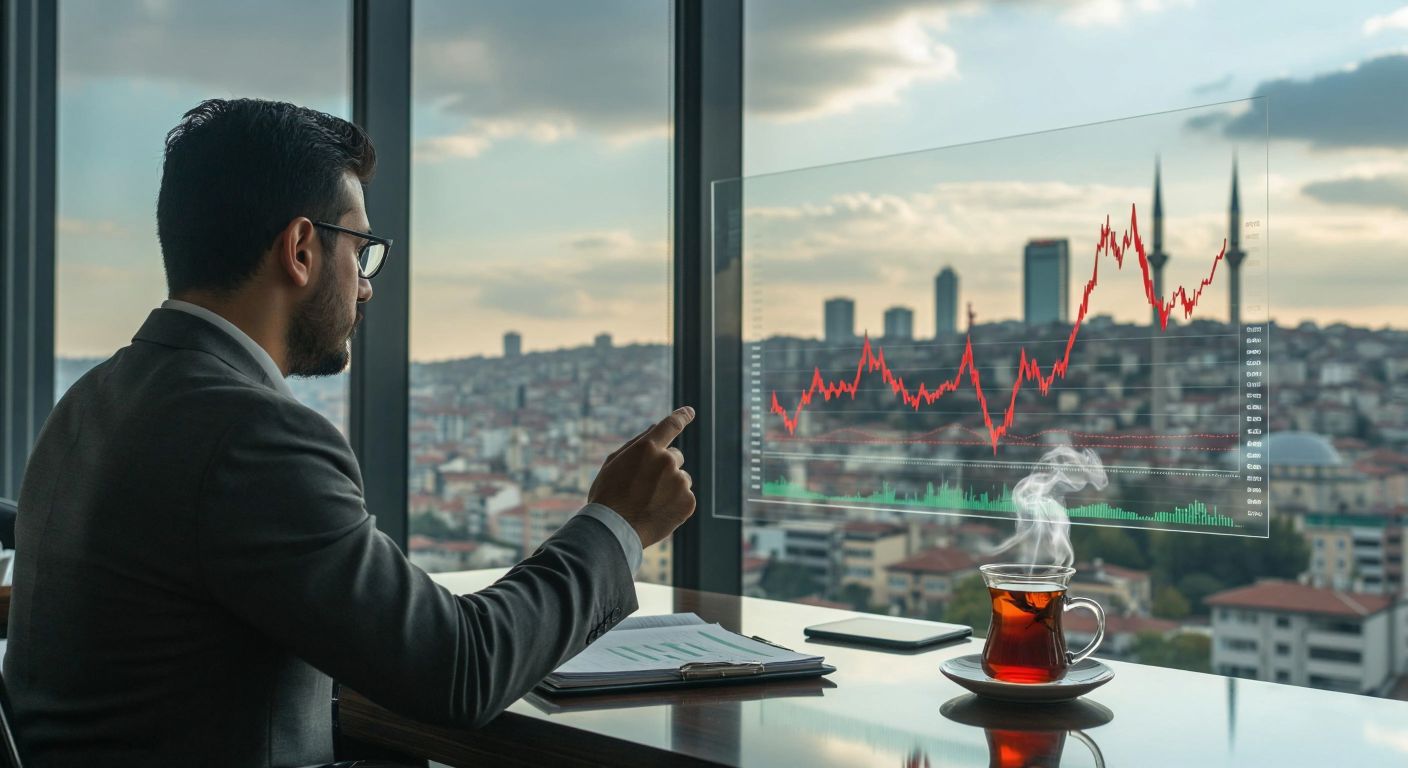 A Turkish investor in a sleek office examines a fluctuating bond graph on a transparent screen, with a backdrop of Istanbul’s financial district and a steaming cup of Turkish tea on the desk.