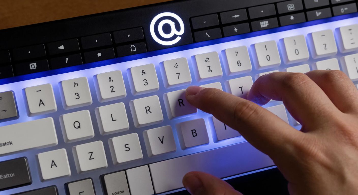A hand with fingers pressing the "Alt Gr" and "Q" keys on a Turkish Q-keyboard, with a small "@" symbol faintly glowing above the keys.