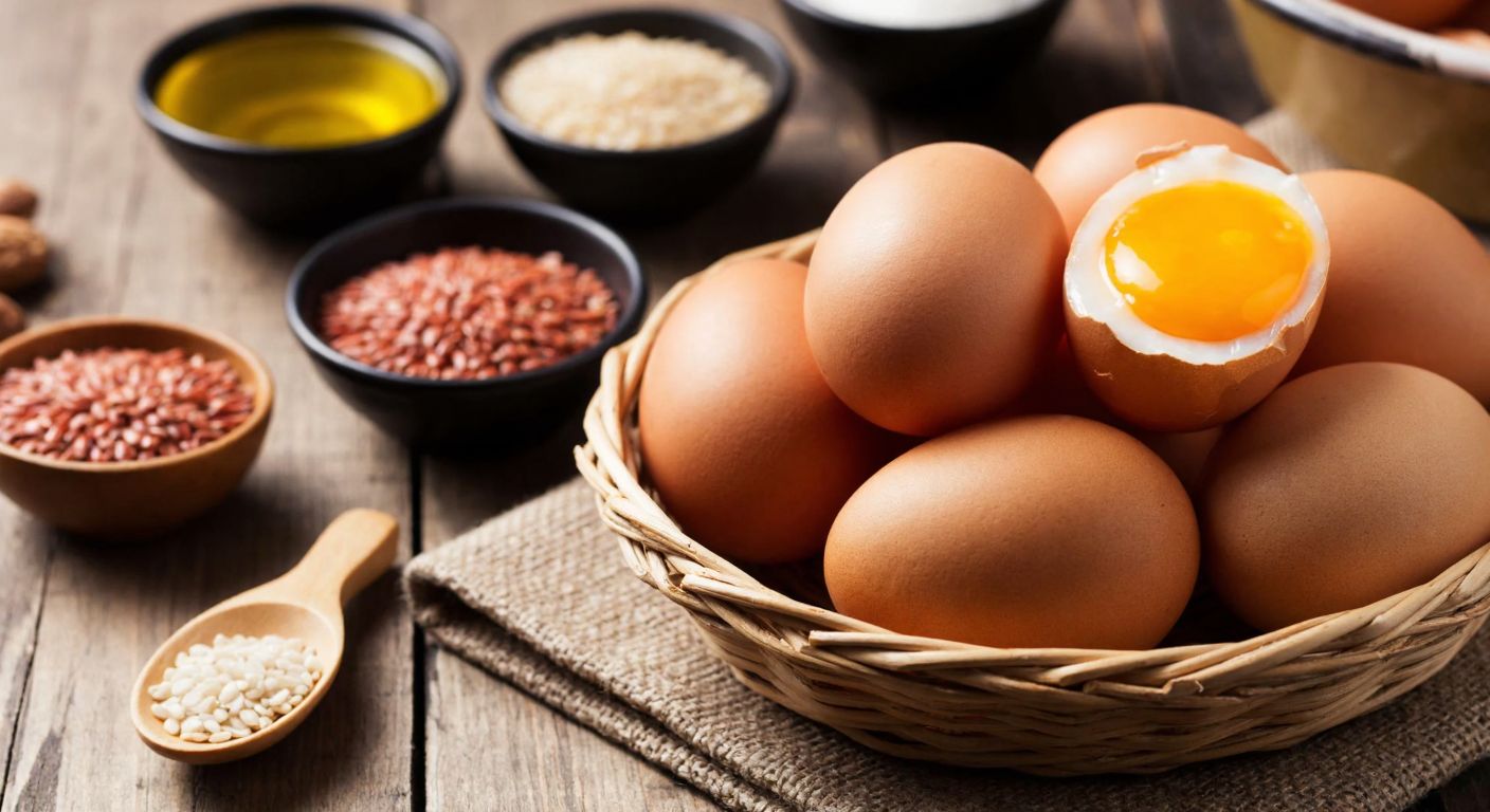 A rustic wooden table in a Turkish kitchen holds a basket of fresh brown eggs, with one cracked open to reveal a vibrant orange yolk, surrounded by small bowls of flaxseeds and fish oil.