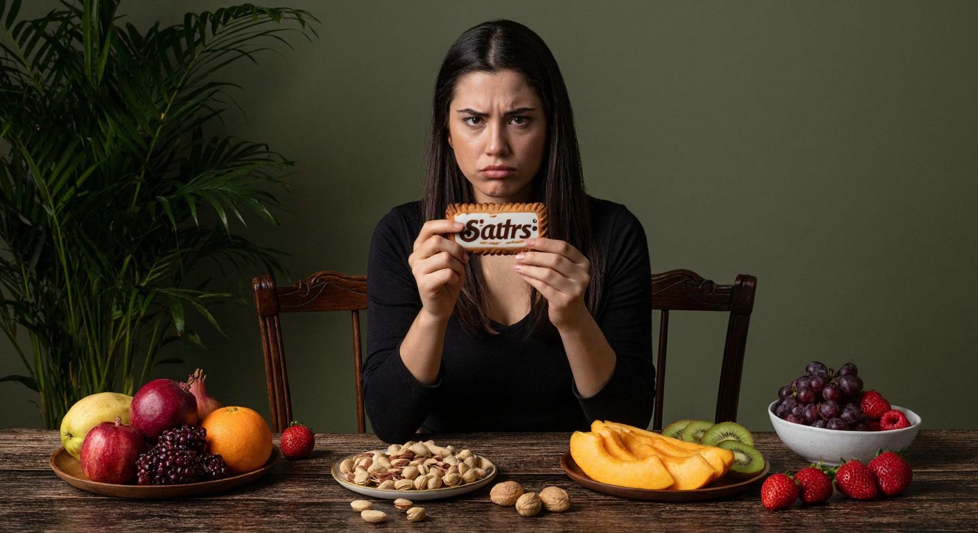A Turkish woman hesitantly holds a Biscolata Starz biscuit while frowning at a table set with fresh fruit and nuts, symbolizing the contrast between indulgence and healthier choices.