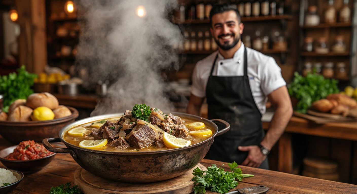 A steaming bowl of tender, slow-cooked kelle paça (sheep's head soup) garnished with fresh lemon wedges and parsley, served on a rustic wooden table in a traditional Turkish eatery, with a muscular butcher in an apron smiling proudly in the background.