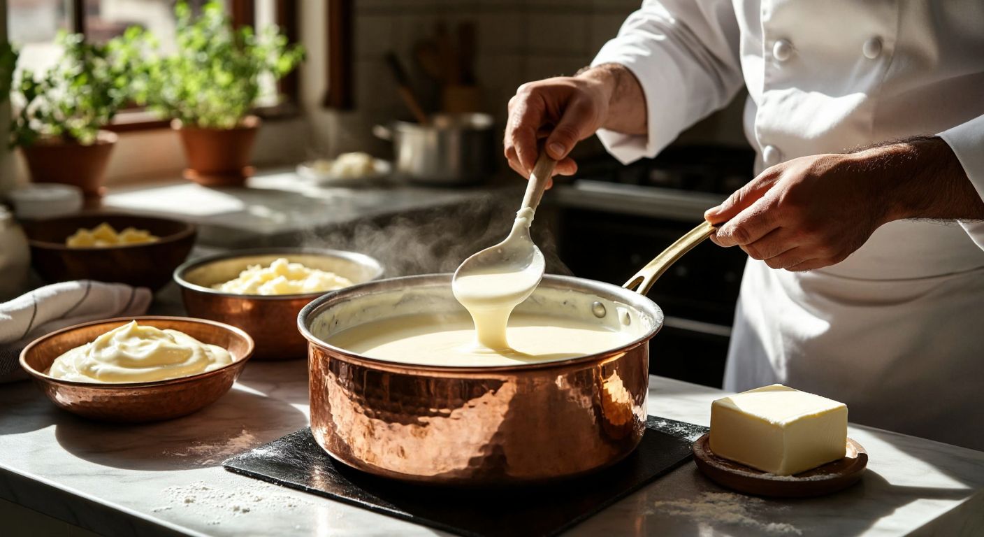 A Turkish chef in a sunlit kitchen carefully stirs a smooth, thick béchamel sauce in a copper pot, with a bowl of fresh milk and a stick of butter nearby.
