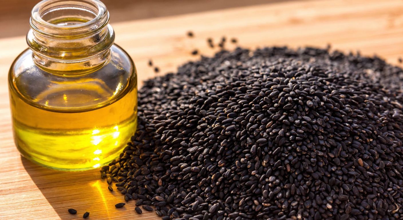 A close-up of a small glass bottle filled with golden black seed oil, resting on a wooden table next to a pile of black sesame seeds, with warm sunlight highlighting the rich texture of both.