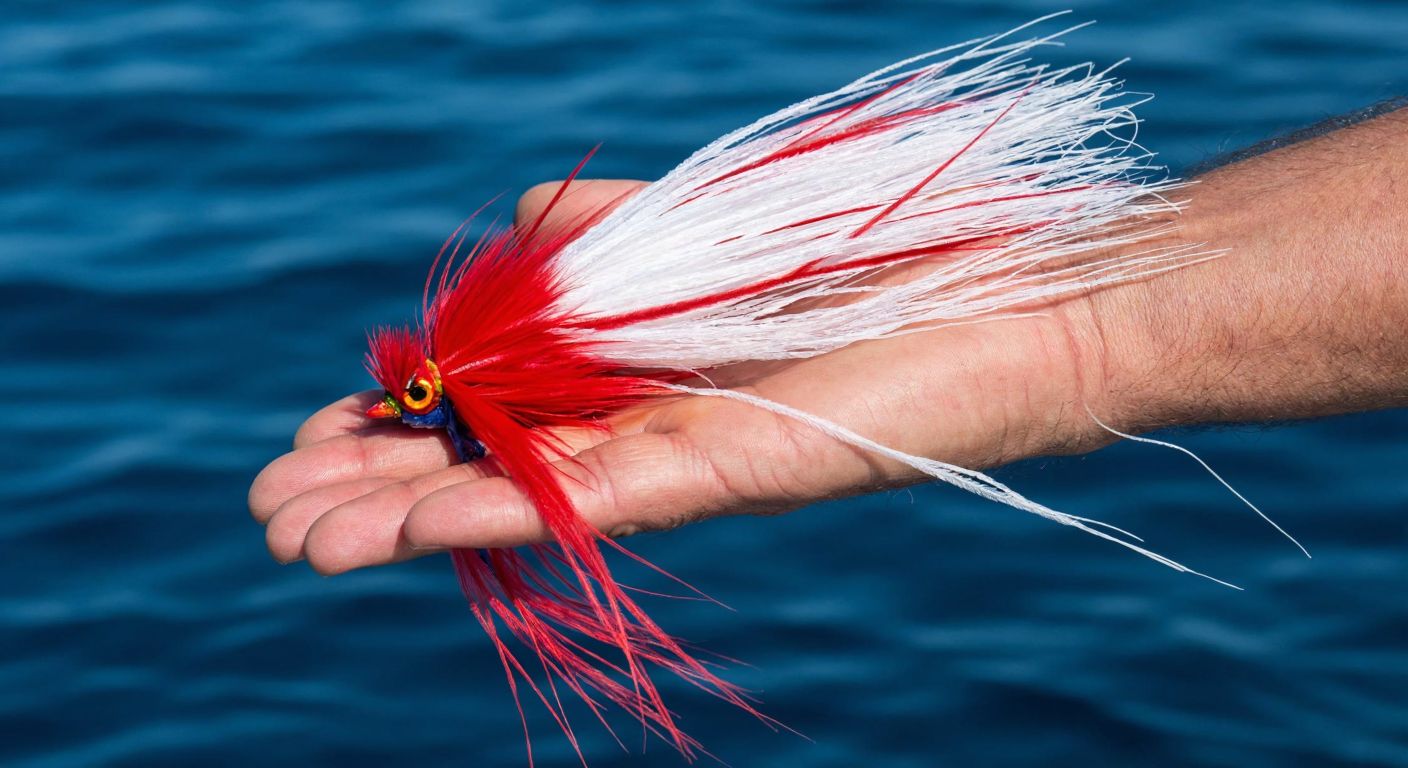 A weathered fisherman's hand holds a vibrant *palamut çaparisi* adorned with white and red rooster feathers, set against the deep blue waters of the Aegean Sea.