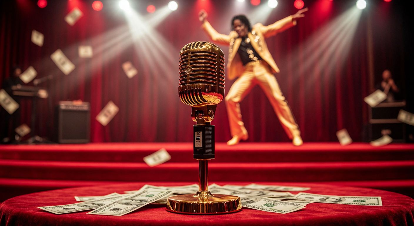 A golden microphone on a red velvet stage, surrounded by sparkling dollar bills and a faint silhouette of Michael Jackson mid-dance in the background.