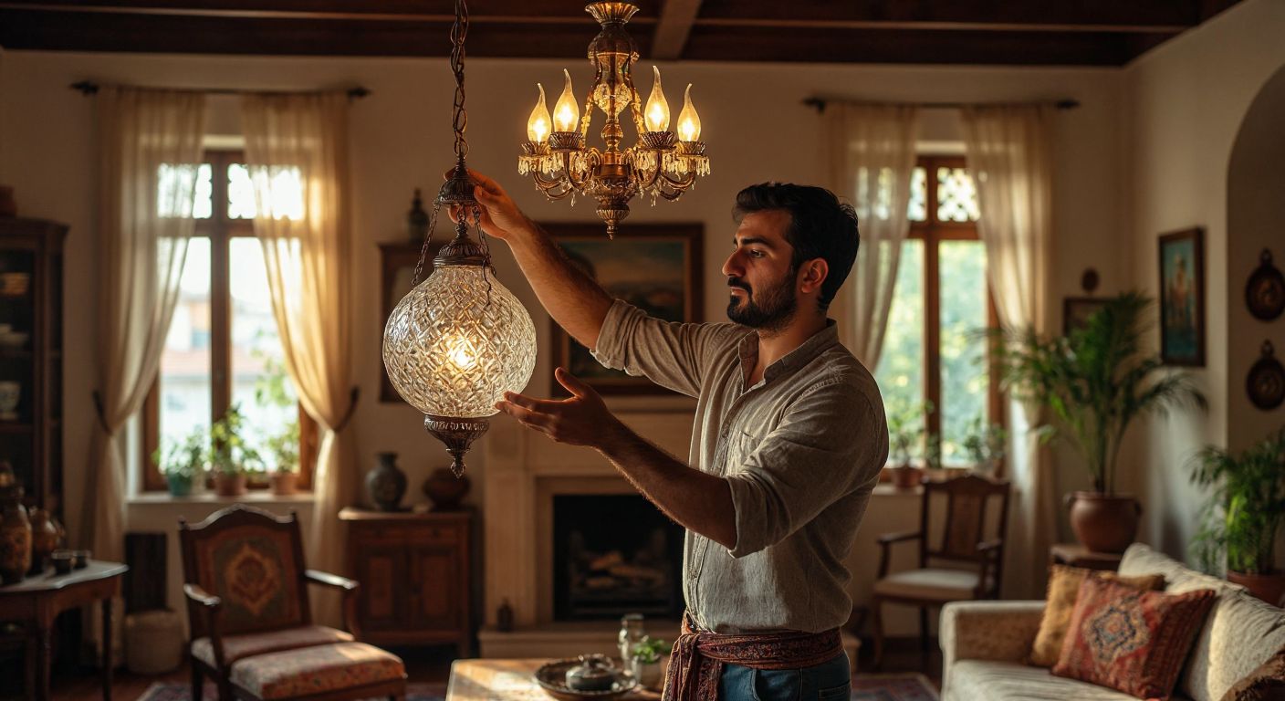 A Turkish man in a casual shirt carefully holds a delicate glass globe from a chandelier while standing on a wooden ladder in a warmly lit living room with traditional Turkish decor.