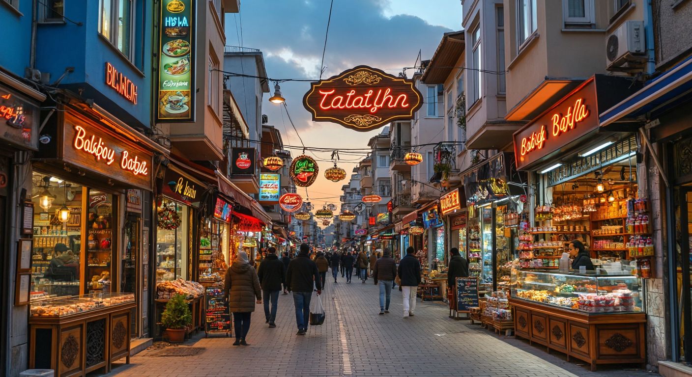 A vibrant Turkish street at dusk, lined with illuminated neon signs above bustling shops, a 3D carved wooden sign for a luxury boutique, and a colorful vinyl banner for a small café, with shopkeepers proudly arranging their storefronts.