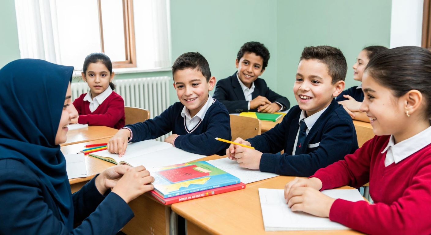 A cheerful group of young Turkish children in school uniforms sitting at wooden desks in a bright classroom, smiling as they share colorful books and art supplies, with a teacher in a modest headscarf warmly guiding them.