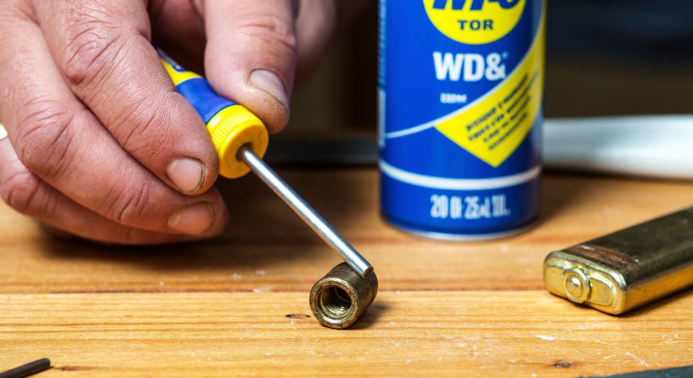 A close-up of a weathered hand holding a small screwdriver with a rubber band wrapped around its tip, poised over a tiny, slightly rusted screw embedded in a wooden surface, with a can of WD-40 and a lighter lying nearby on a cluttered workbench.