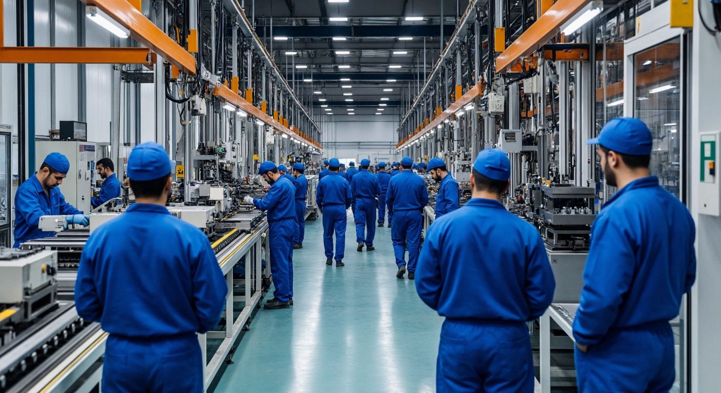 A Turkish factory floor with workers in blue uniforms comparing a full production line (representing actual capacity) to an idle section (representing planned capacity), their expressions reflecting concern over unused machinery.