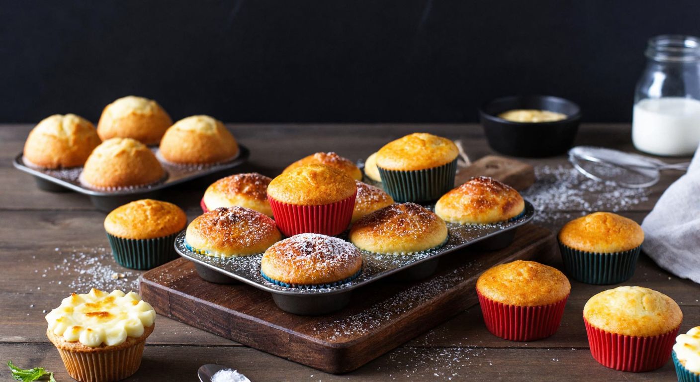 A rustic Turkish kitchen counter displays a colorful array of freshly baked mini muffins, cheesecakes, and savory börek in a metal muffin tin, with golden crumbs and powdered sugar dusting the wooden surface.