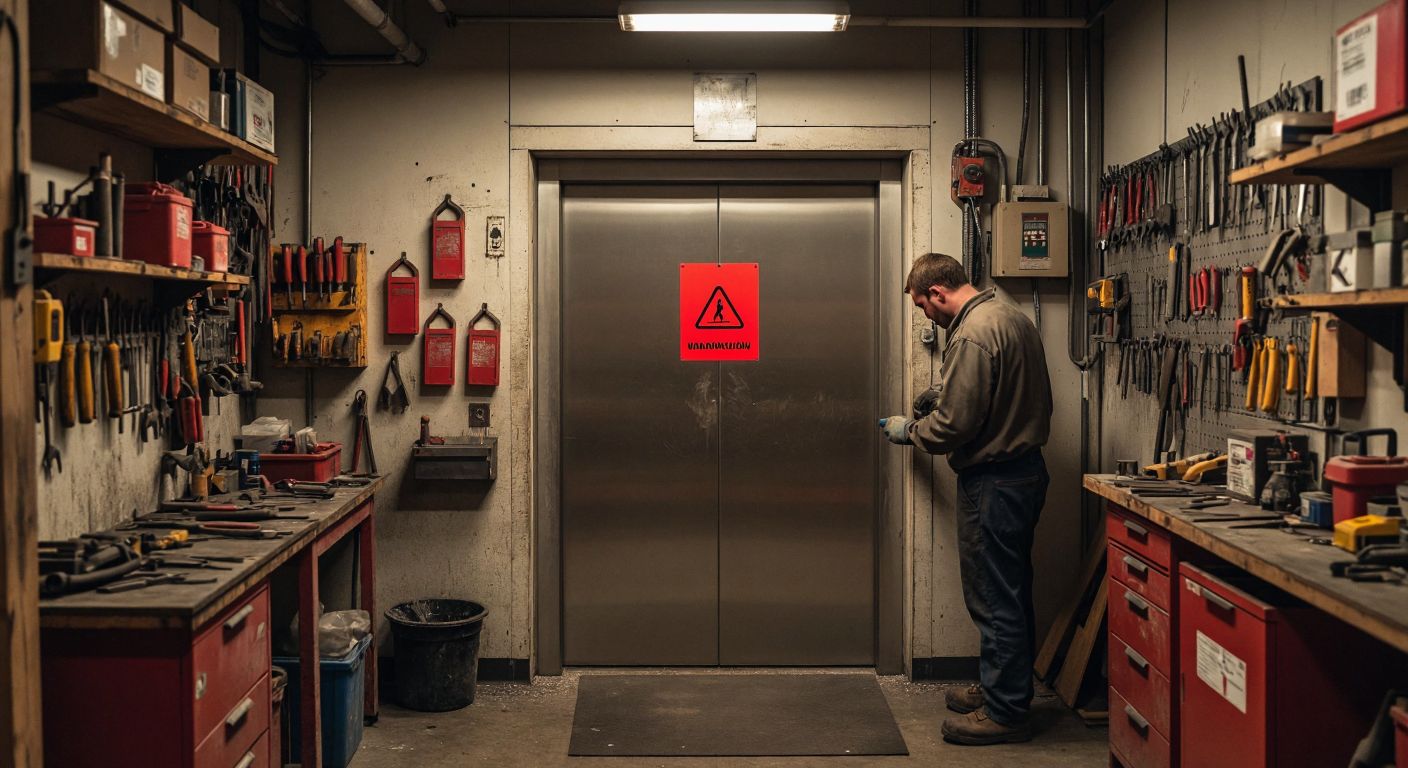 A cluttered workshop with red tags hanging on outdated tools and dusty shelves, while a technician inspects an elevator door marked with a bright red warning label.