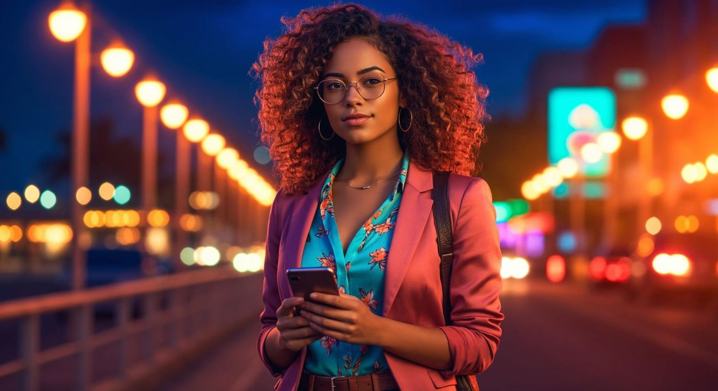A confident young Dominican woman with curly hair poses stylishly in a vibrant outfit, holding a smartphone while standing against a backdrop of colorful city lights, radiating energy and ambition.