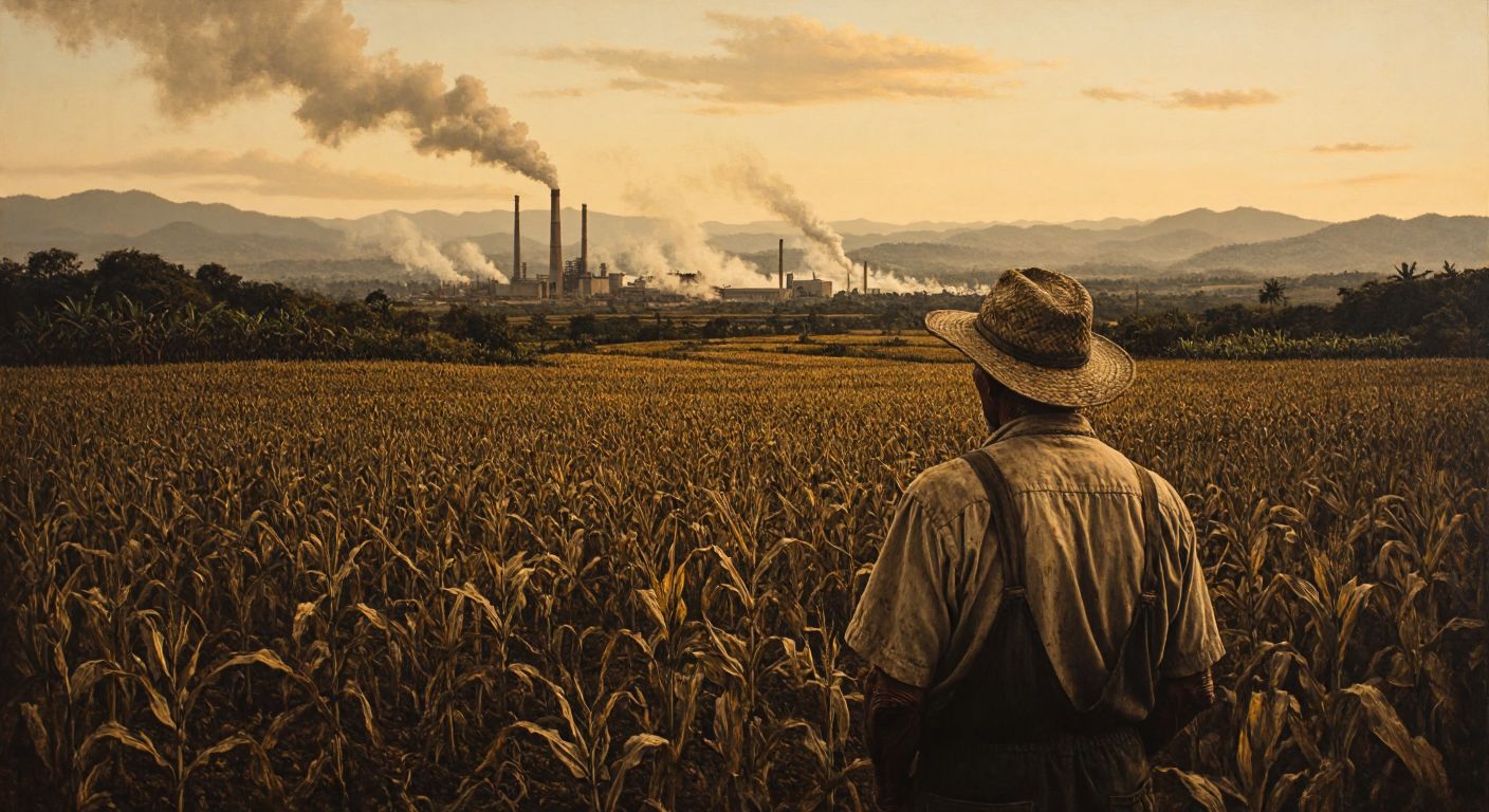 A weathered farmer in a sun-scorched Nicaraguan field, gazing at sparse crops with tired eyes, while distant factory smokestacks stand idle under a hazy sky.
