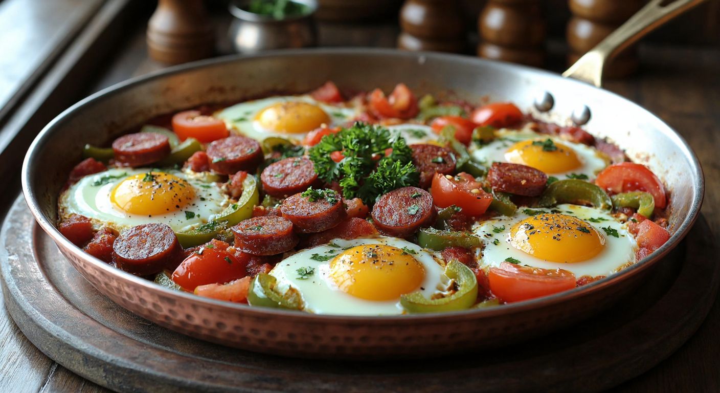 A sizzling copper pan holds a vibrant mixture of diced tomatoes, green peppers, and golden-brown sucuk, with softly cooked eggs blending into the dish, garnished with fresh parsley, set against a rustic Turkish kitchen backdrop.