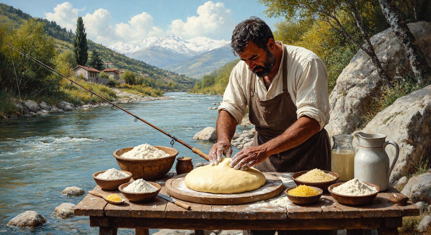 A Turkish fisherman kneads a smooth, pale-yellow dough on a wooden table near a riverbank, surrounded by bowls of flour, cornmeal, and a jug of water, with a fishing rod leaning against a nearby rock.