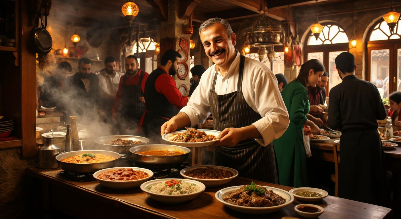 A warm, bustling Turkish restaurant with a middle-aged man in traditional Kastamonu attire proudly serving steaming plates of rich, aromatic dishes to smiling customers.