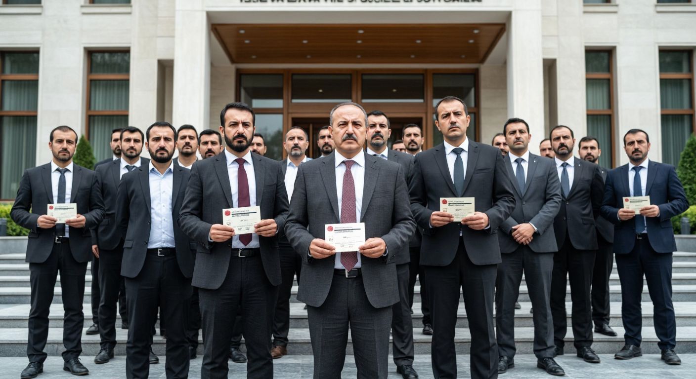 A solemn group of Turkish public sector workers in formal attire standing outside a government building, some holding single paychecks with resigned expressions, while subcontractors in workwear nearby share similar looks of concern.