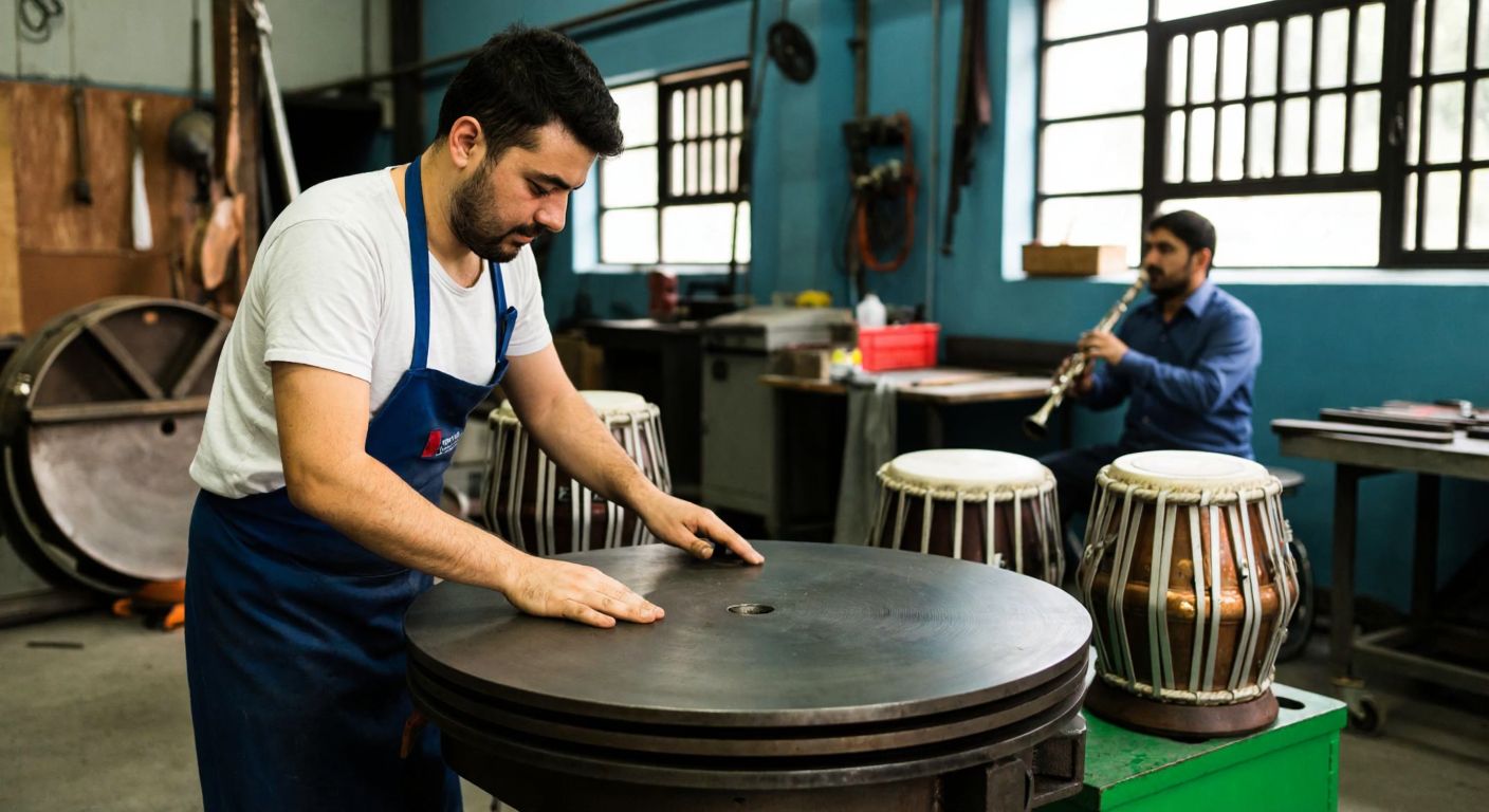 A skilled Turkish metalworker adjusts a rotating industrial table in a workshop, while in the background, a musician plays a pair of Indian tabla drums with focused precision.