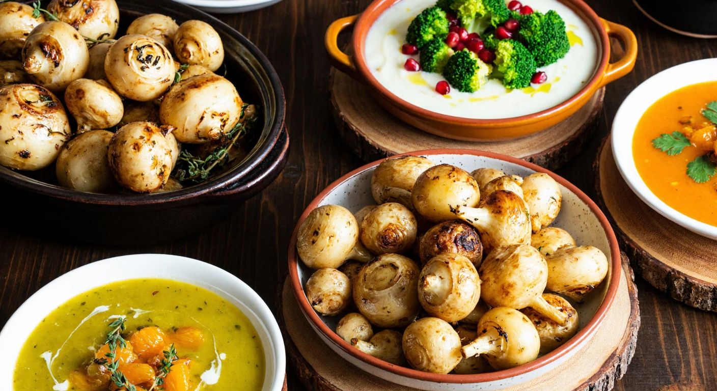 A rustic wooden table in a Turkish kitchen displays a vibrant spread of dishes featuring Jerusalem artichokes: roasted golden-brown with garlic and thyme, a bright salad with broccoli and pomegranate seeds, a steaming bowl of creamy soup, and a glazed ceramic dish of mandarin-infused olive oil stew.