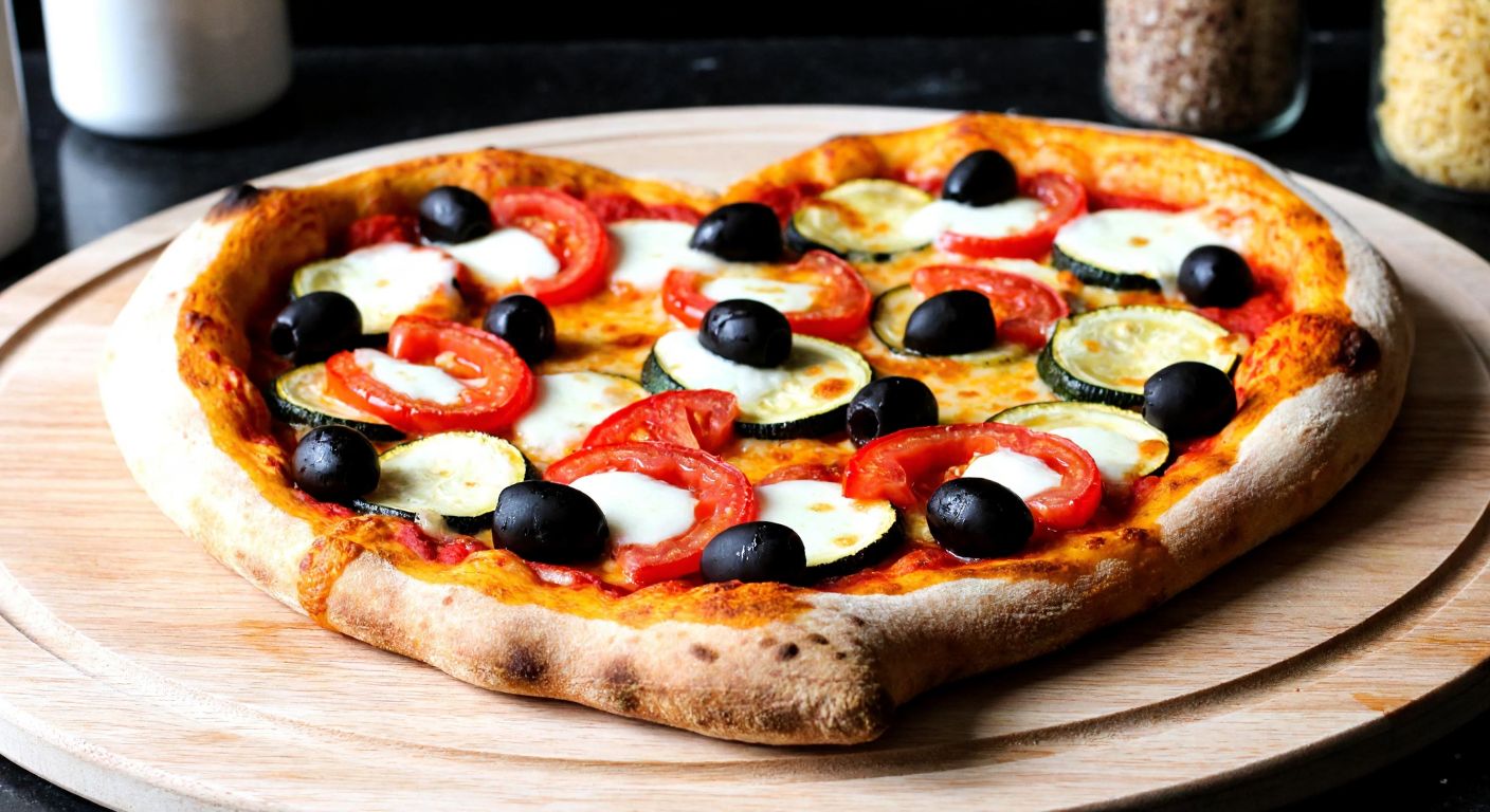 A warm, golden-brown heart-shaped pizza topped with melted mozzarella, sliced tomatoes, zucchini, and black olives, resting on a wooden kitchen counter in a cozy Turkish home.