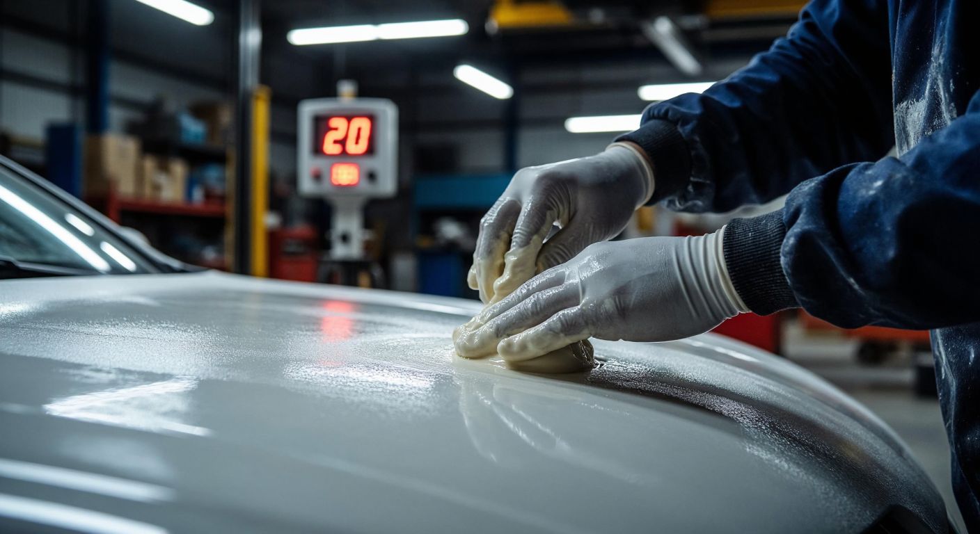 A close-up of a craftsman’s hands smoothing white polyester putty on a car panel in a dimly lit Turkish auto repair shop, with a thermometer showing 20°C nearby.
