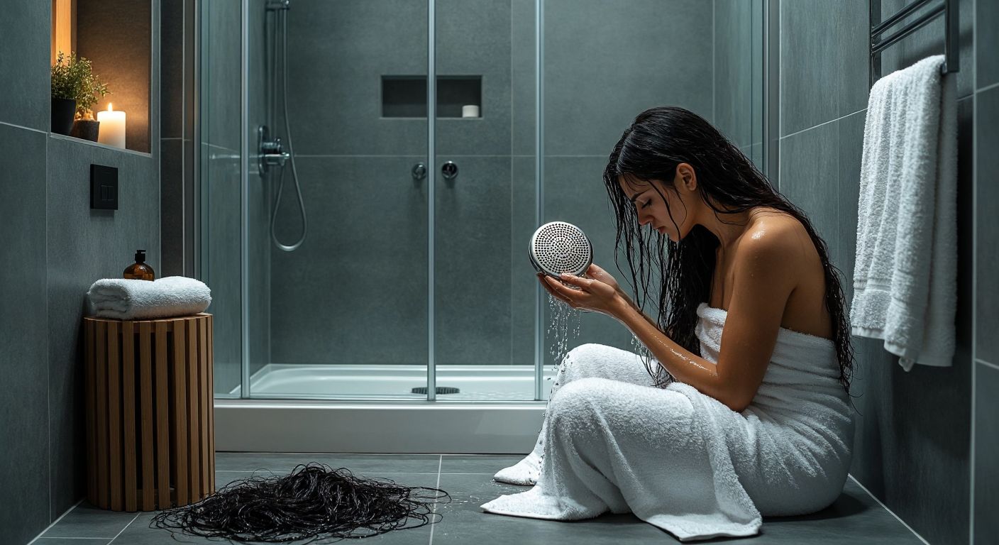A modern Turkish bathroom with a sleek glass shower cabin, a silver drain clogged with tangled long black hair, and a frustrated person in a towel sighing while holding a small mesh strainer.