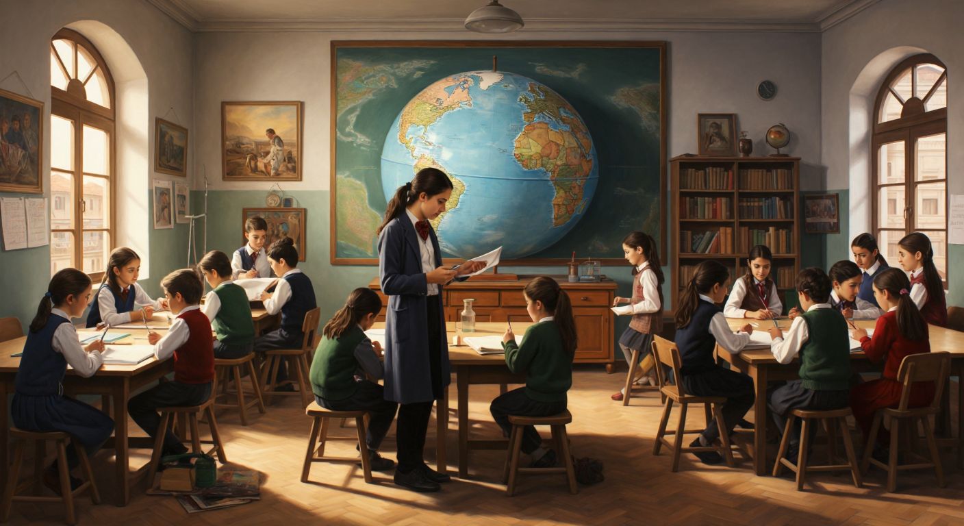 A bright Turkish middle school classroom with students engaged in various activities—one solving a math problem on the board, another examining a science experiment, a group painting in the corner, and a teacher holding a globe for a geography lesson.