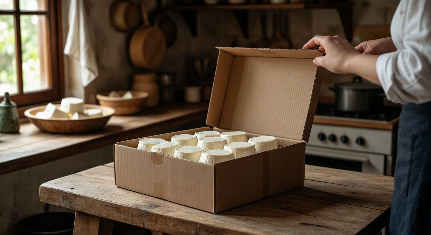A rustic wooden table in a Turkish village kitchen holds an open cardboard box filled with small, neatly wrapped packages of Süper Maya cheese culture, with a hand reaching in to take one.